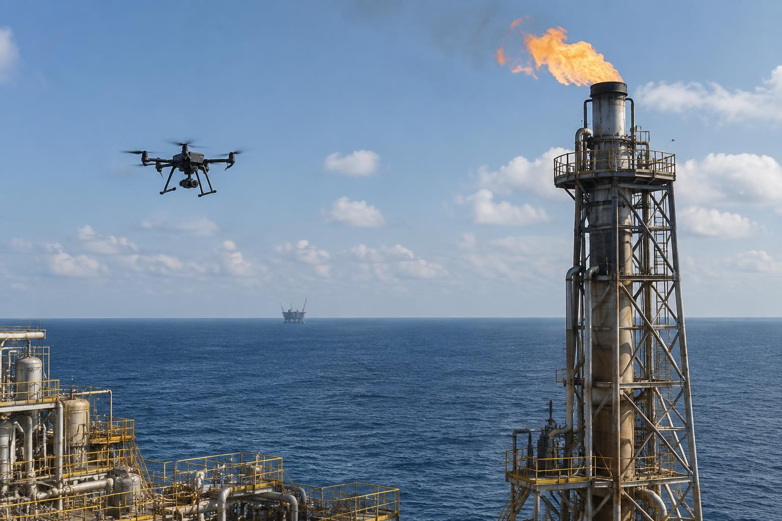 Imagem ilustrativa de flare e estruturas elevadas com drone