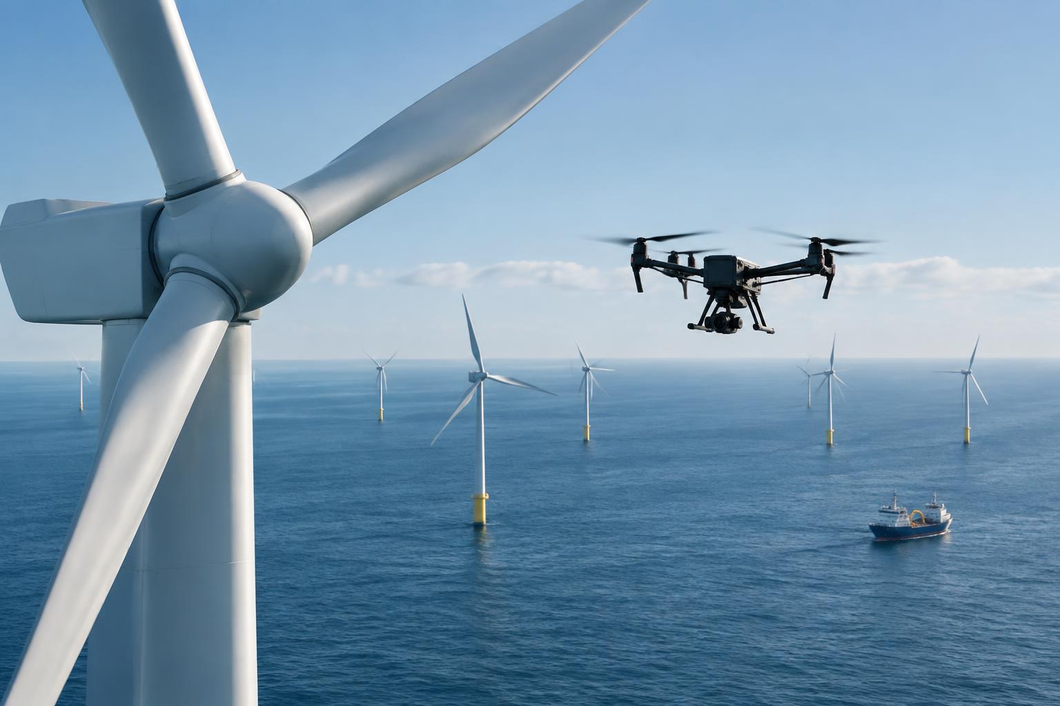 Imagem ilustrativa de parque eólico offshore com drone