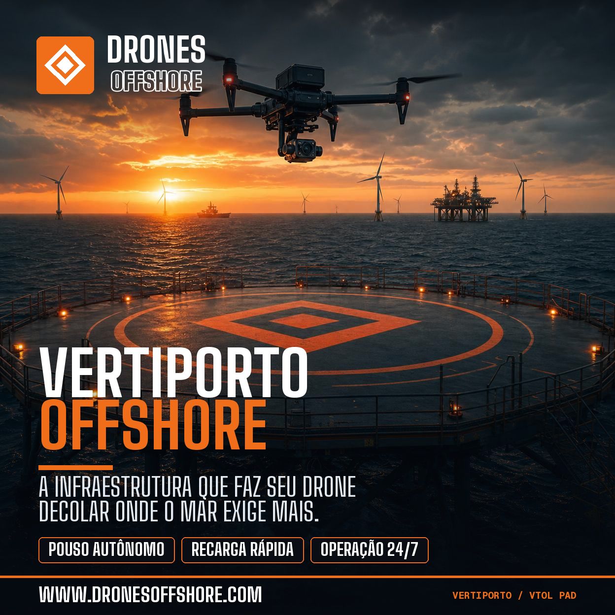 Vertporto Offshore com área de pouso, recarga e operação de drones
