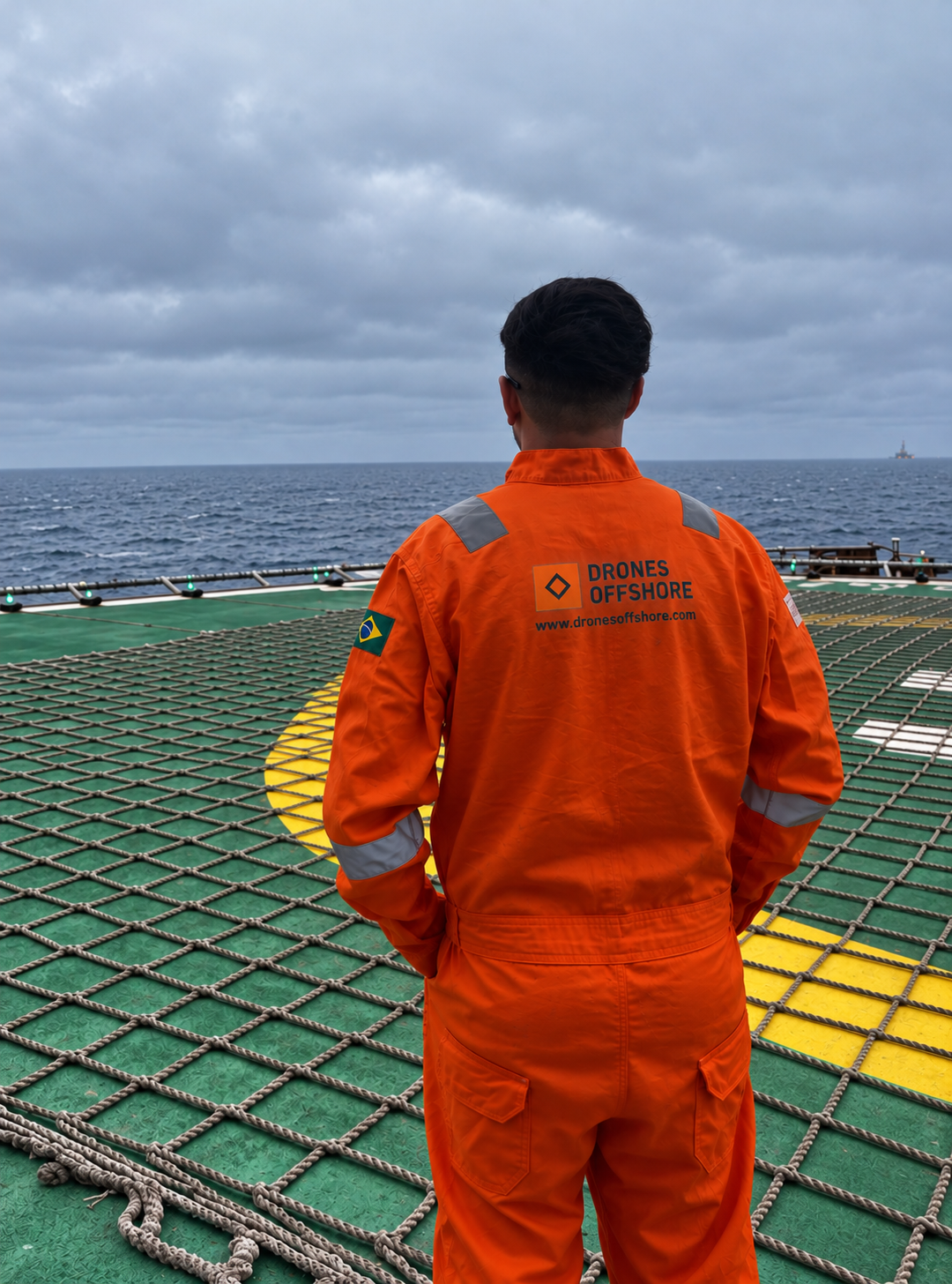 Profissional no convés offshore usando EPI com a logomarca da Drones Offshore
