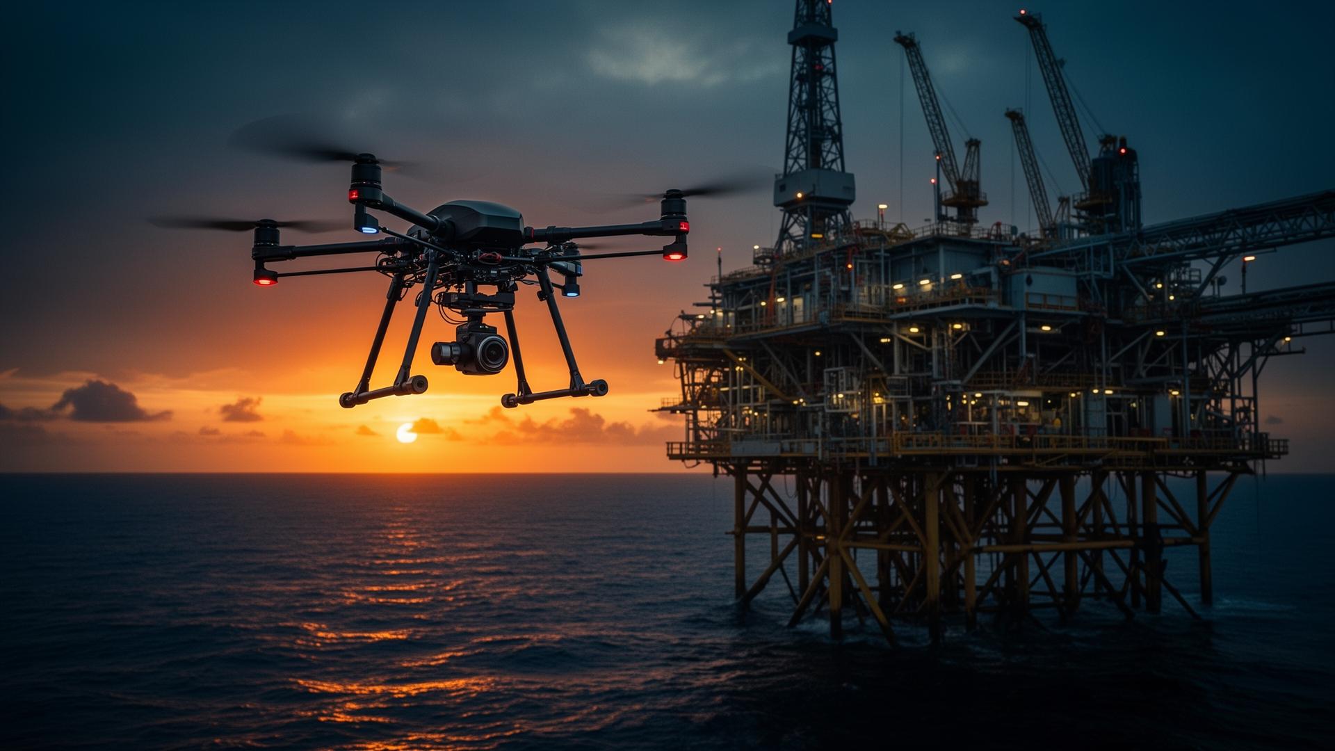 Drone industrial em operação de inspeção próximo a uma plataforma offshore