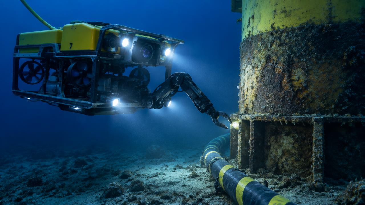 Imagem ilustrativa de veículo submarino inspecionando estrutura no fundo do mar